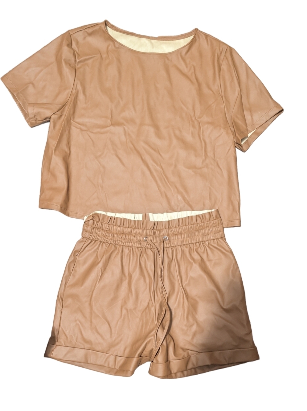 Zenana Faux Leather Lounge Set Brown Crop Top Shorts Set Women Medium - Picture 11 of 11
